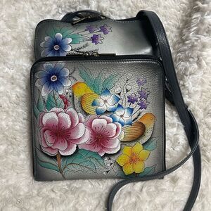 Anuschka Floral & Birds Gray Hand Painted Leather expanded Crossbody .
